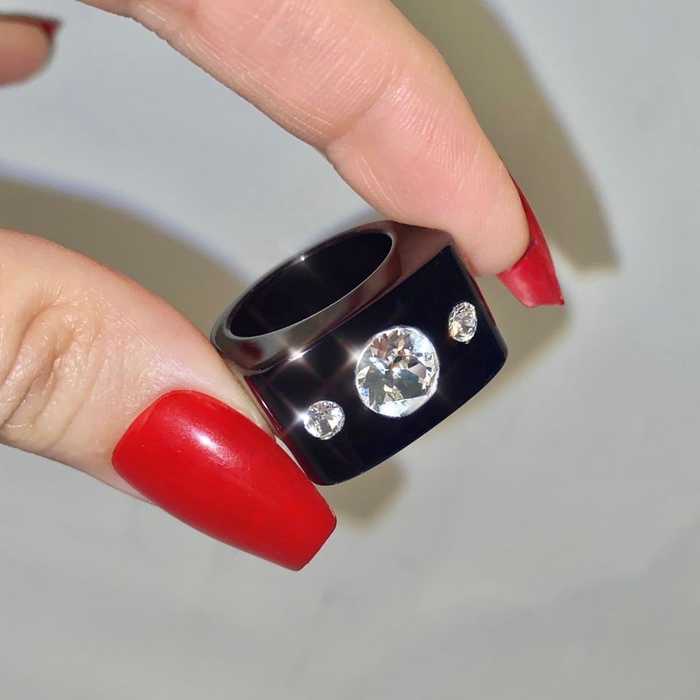 Women’s Crystal Ring, Black Acrylic, Cube Shaped Ring, Crystal Gemstone Ring